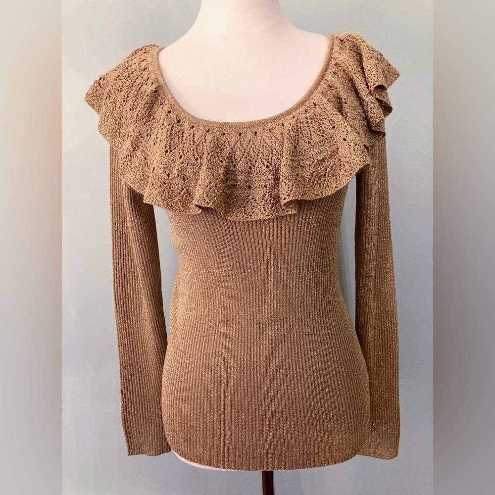 RALPH LAUREN Gold Metallic Ribbed Ruffled Sweater